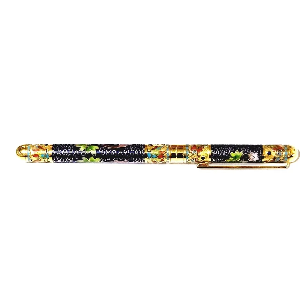 Vintage Blue Ink Pen Floral Cloisonne Retractable Gold Trim Gift Box